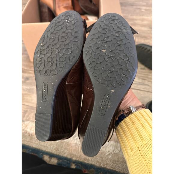 Coach Women's Brown Patent Leather JAYDEN PEEPTOE Wedge Pumps Heels Size 8 - Picture 7 of 13